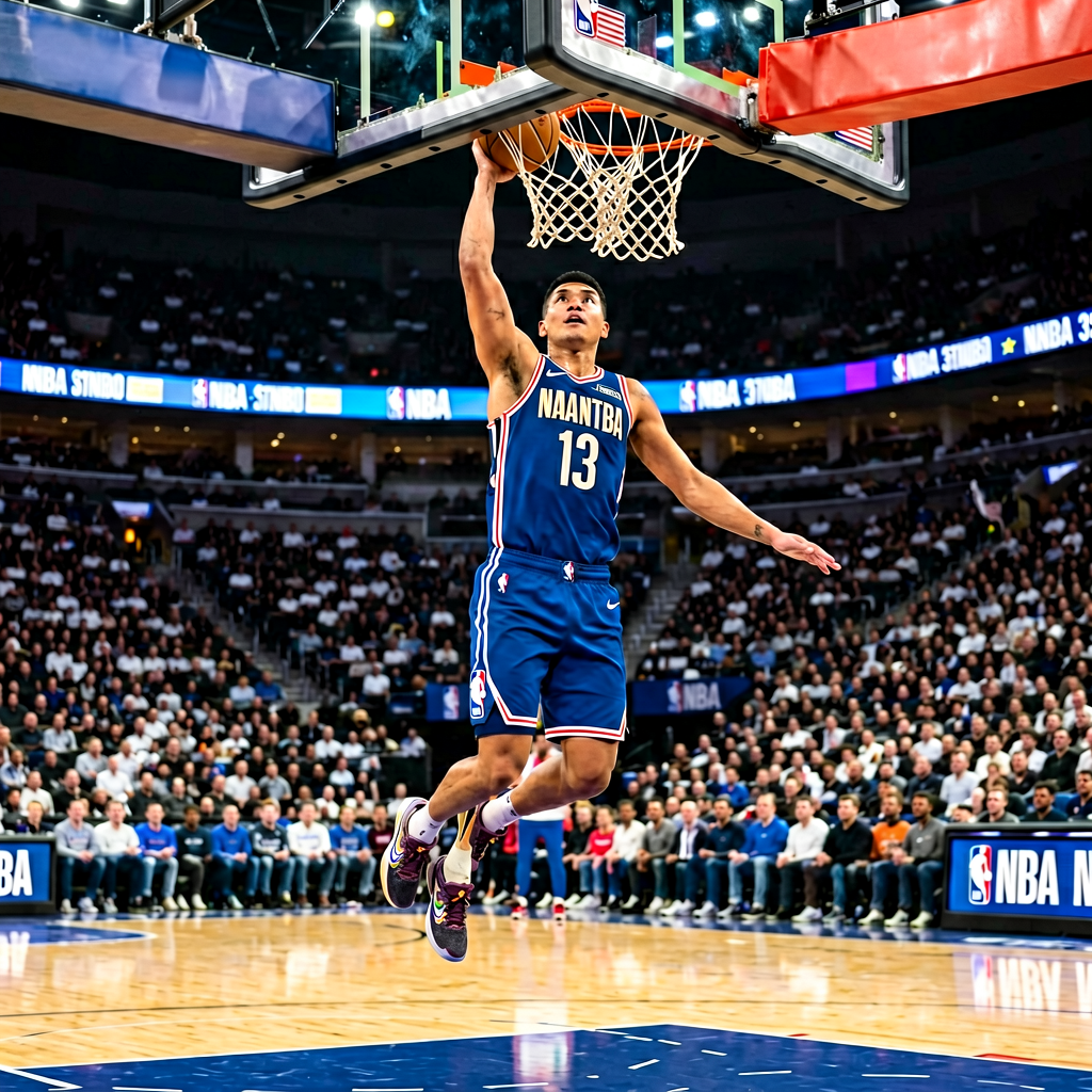 NBA篮球赛场上球员腾空扣篮的震撼瞬间